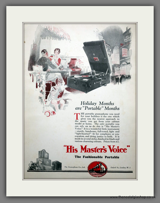 His Master's Voice Portable Gramophone. Original Advert 1928 (ref AD301095)
