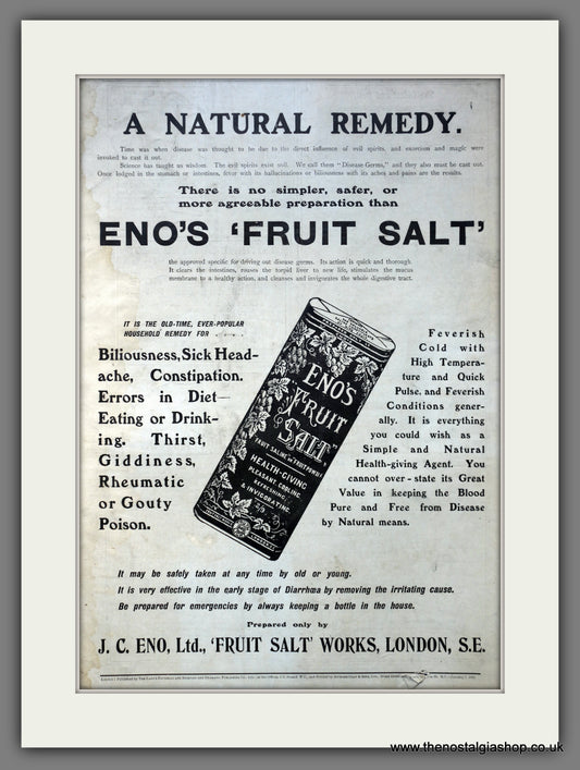 Eno's Fruit Salt. Large Original Advert 1911 (ref AD15431)