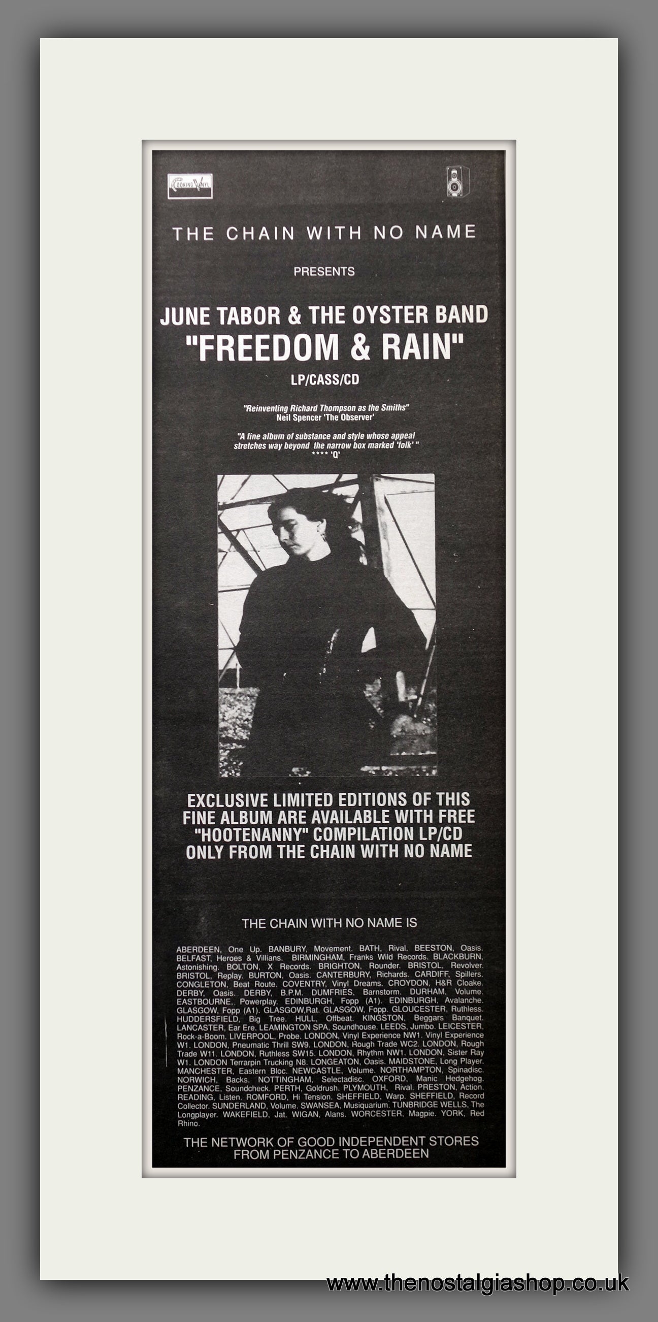 June Tabor & The Oyster Band Freedom & Rain. Original Advert 1990 (ref AD200657)