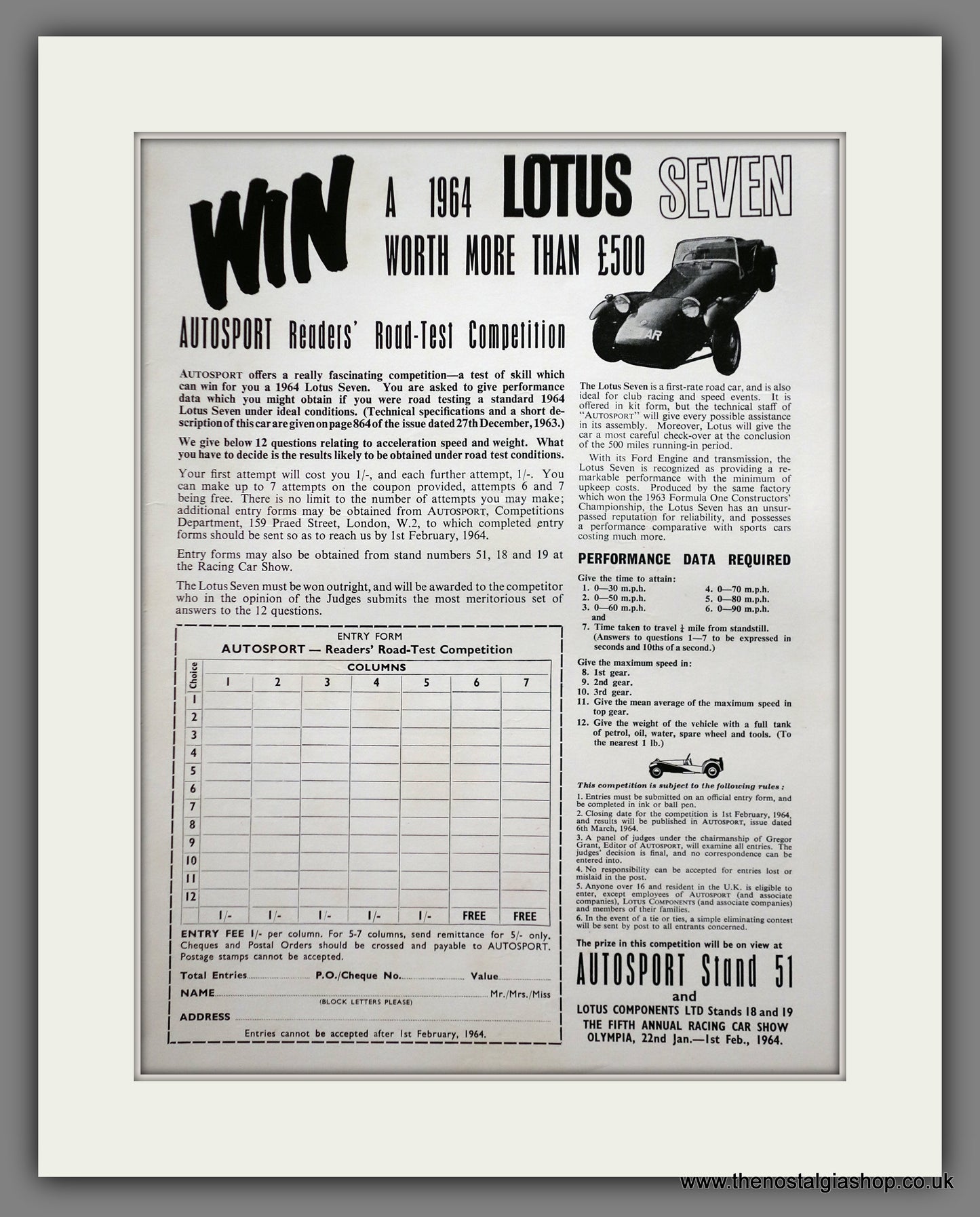 Lotus Seven. 1964 Original Advert (ref AD61159)