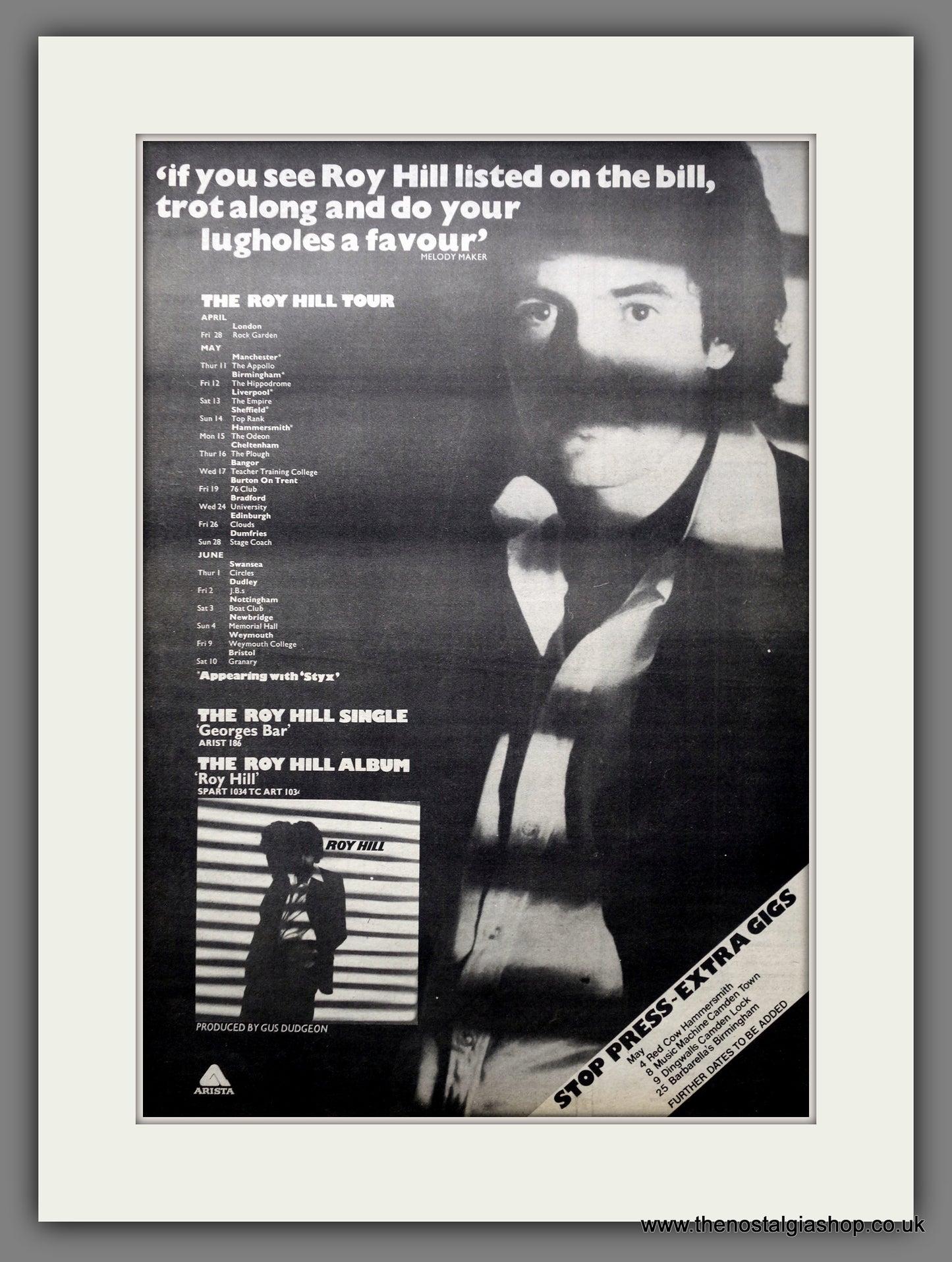 Roy Hill Tour Dates. Original Advert 1978 (ref AD15546)