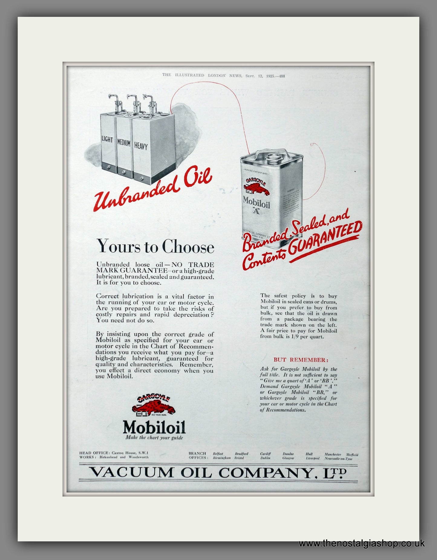 Mobiloil. Vacuum Oil Company Ltd. Original Advert 1925 (ref AD301357)