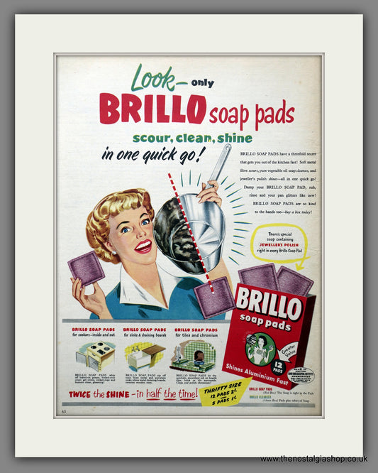 Brillo Soap Pads, Washing Up Pads Original Advert 1955 (ref AD301389)