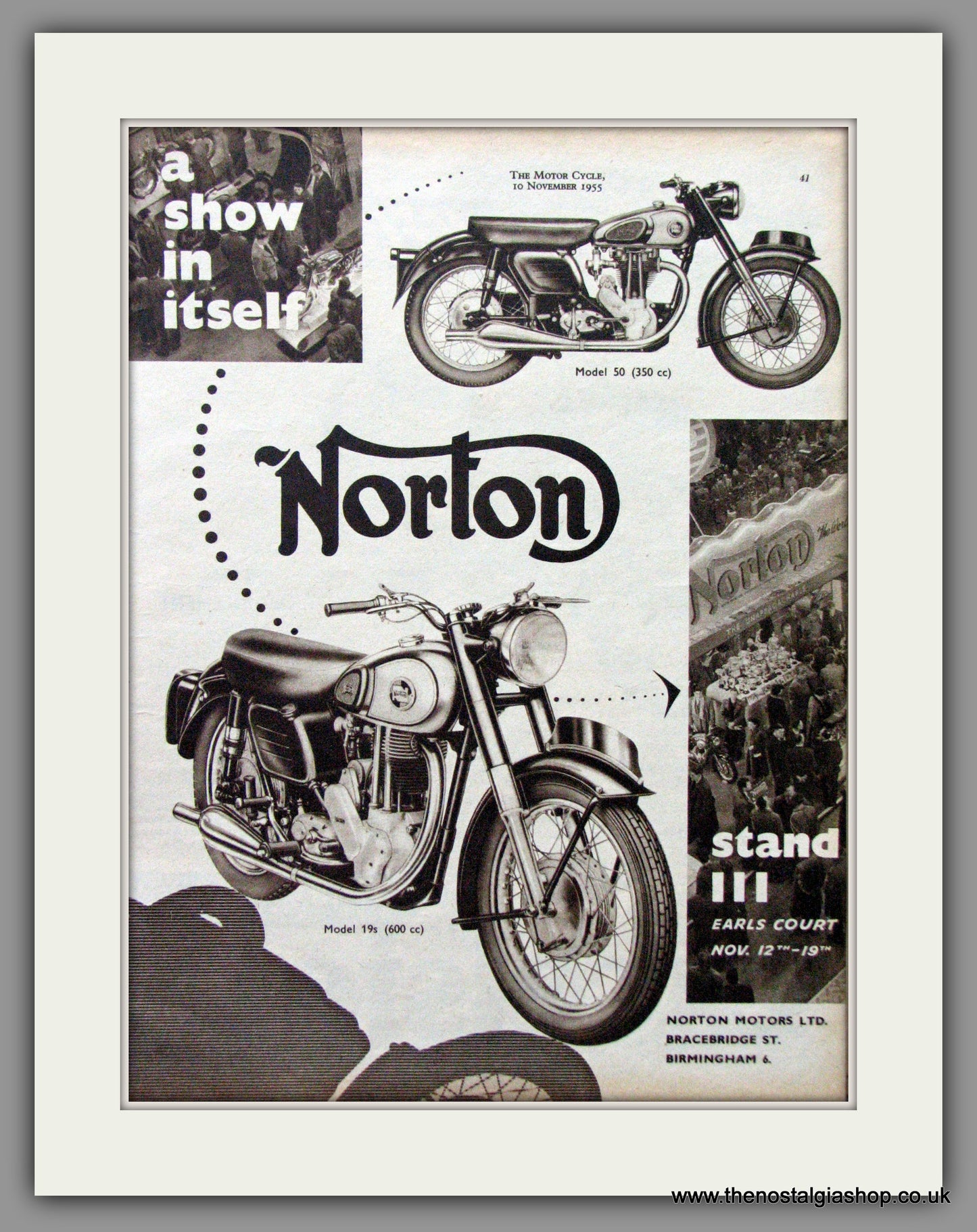 Norton. Model 50 and 19 S at Earl's Court . Original Advert 1955 (ref AD52007)