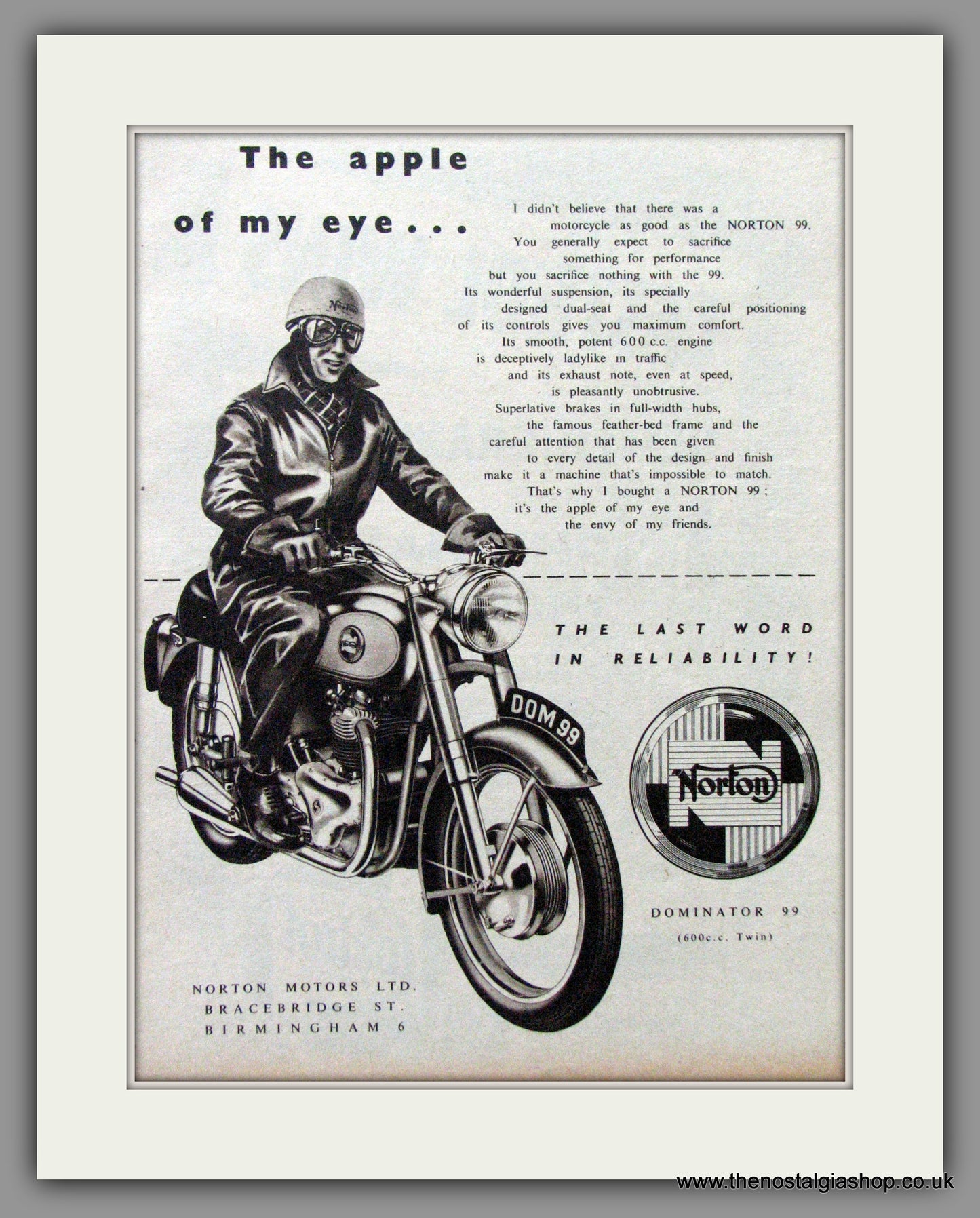 Norton Dominator 99 600cc Twin. Original Advert 1956 (ref AD52008)