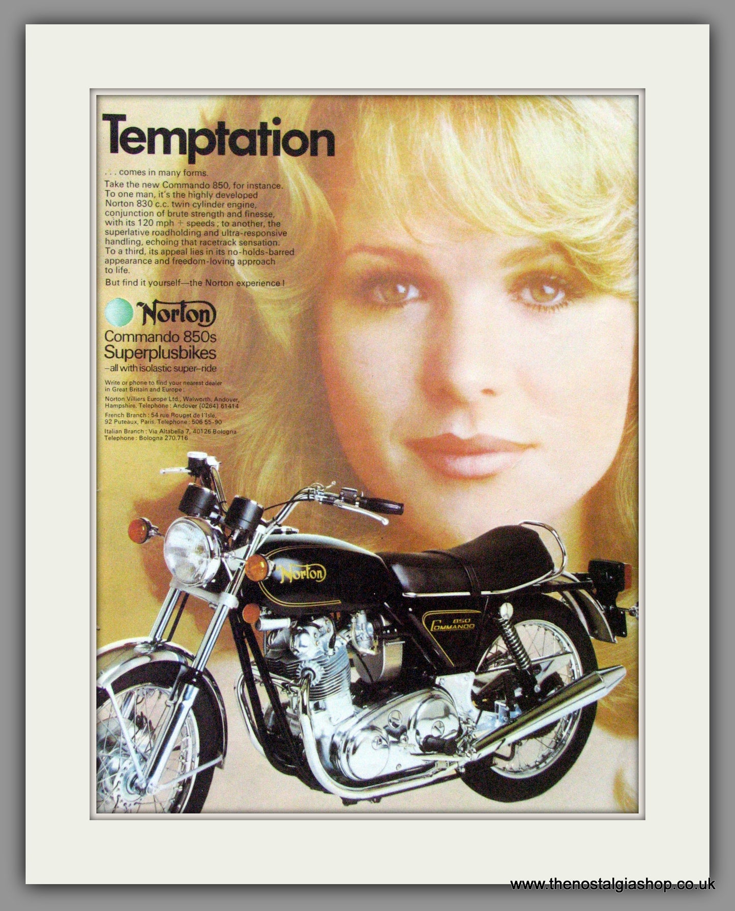 Norton Commando 850s. Temptation. Original Advert 1974 (ref AD52015)