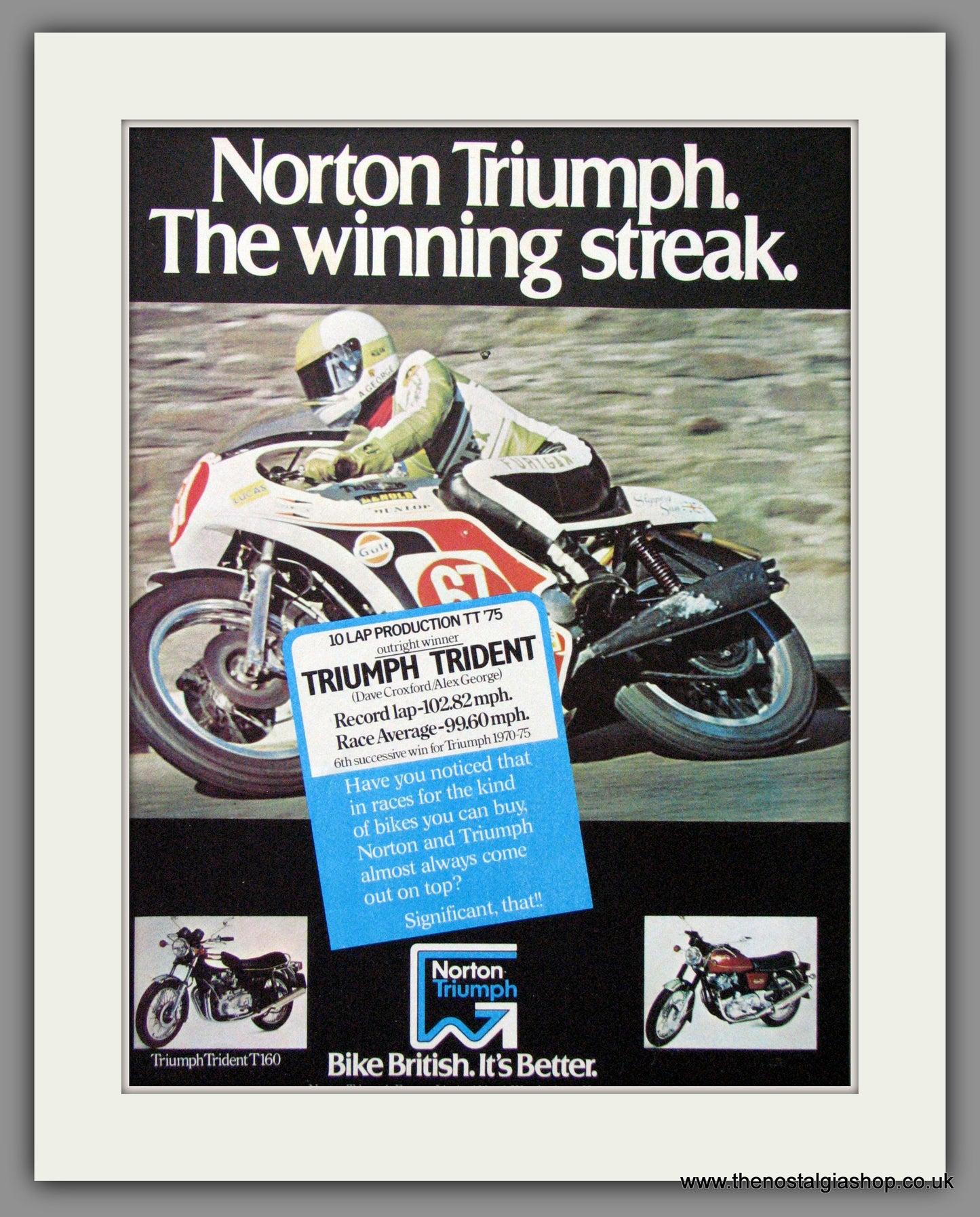 Norton Triumph. Triumph Trident T160 TT Record Lap . Original Advert 1976 (ref AD52019)
