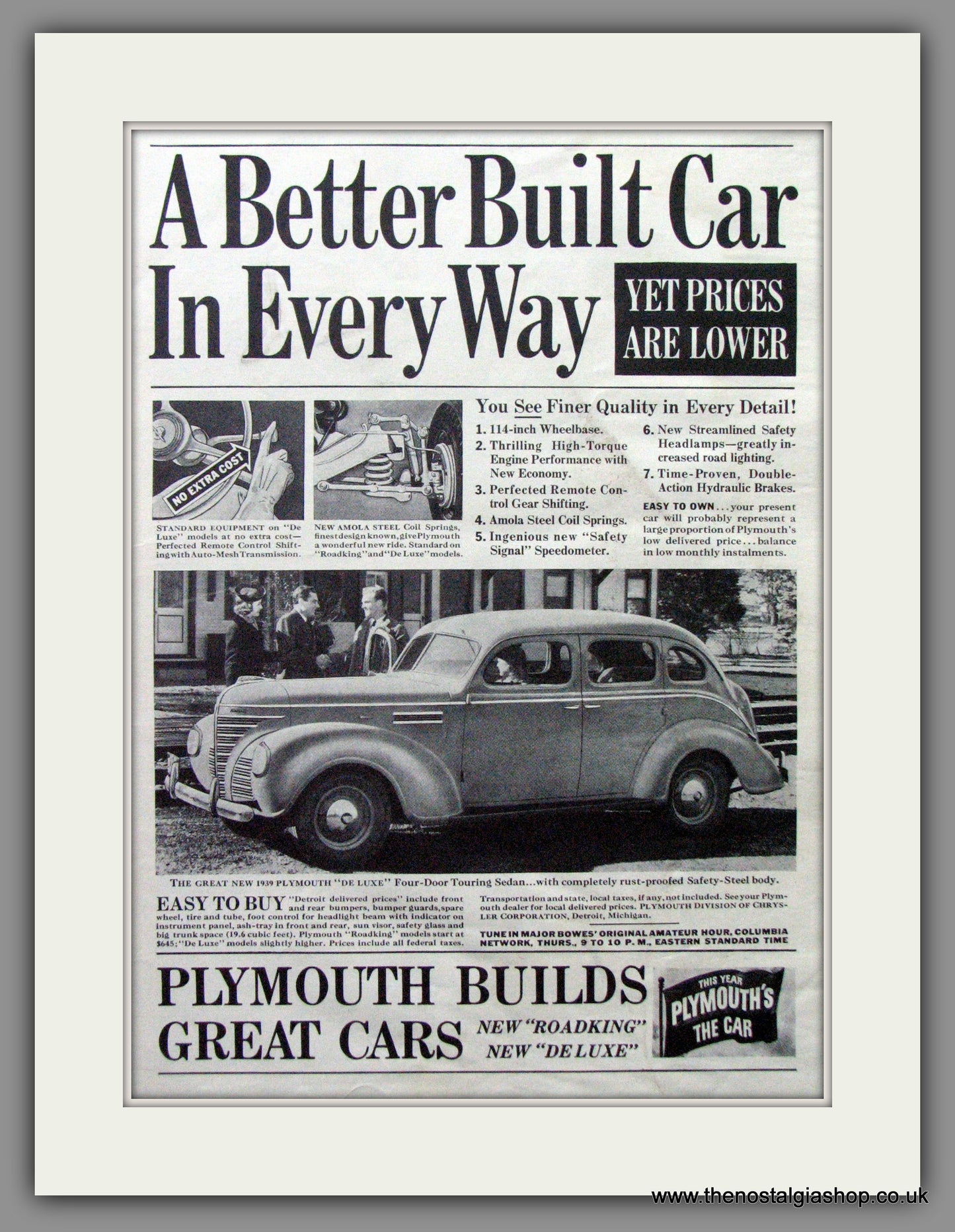 Plymouth De Luxe Sedan. 1939 Original American Advert (ref AD52312)