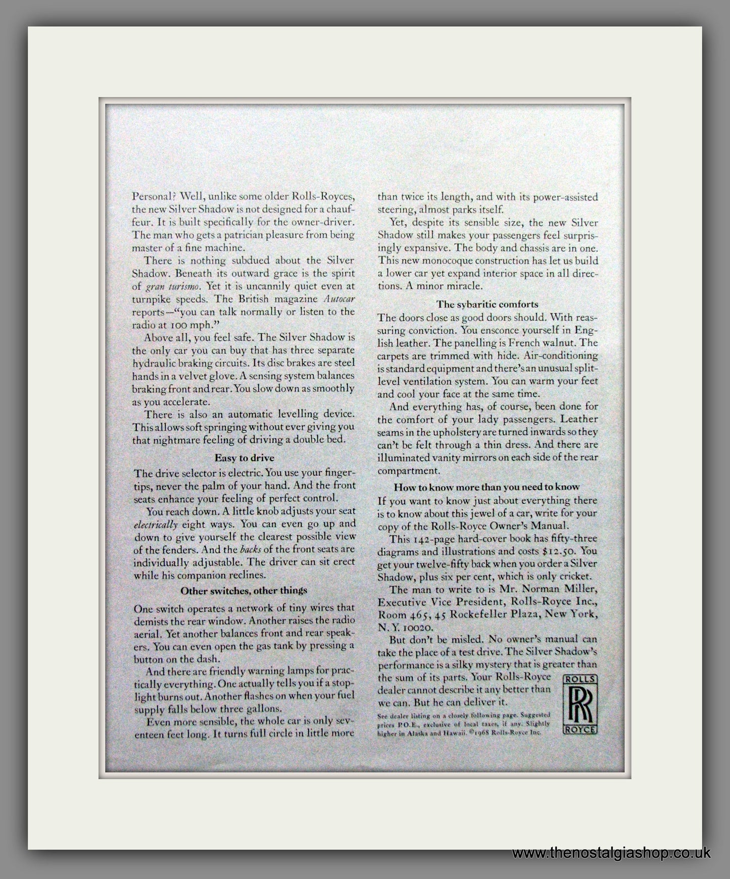 Rolls-Royce Silver Shadow. 1968 Double Original American Advert (ref AD52106)