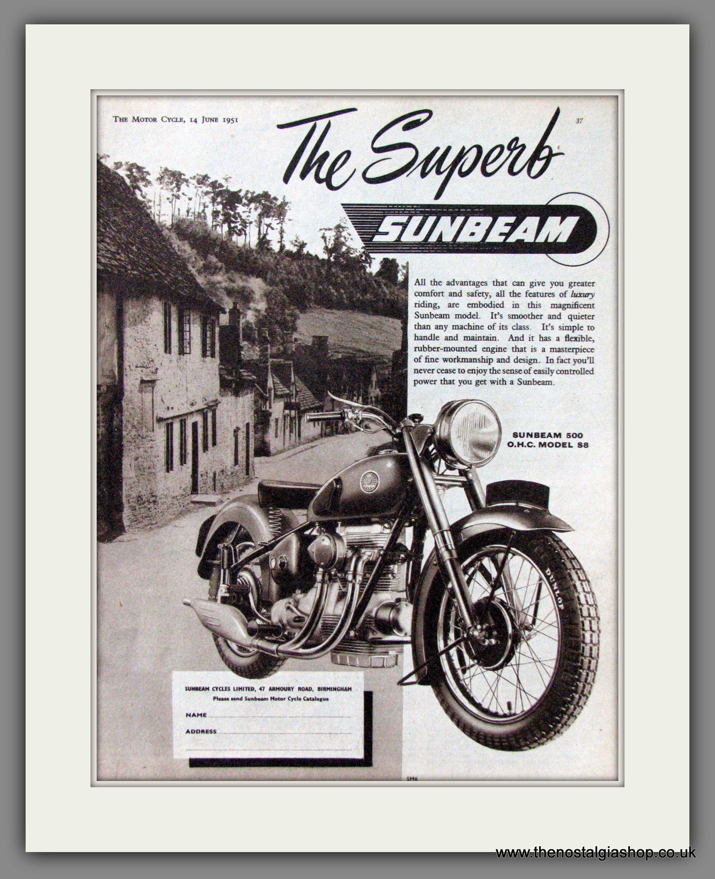 Sunbeam 500 O.H.C. Model S8 Motorcycle. 1951 Original Advert. (ref AD52208)
