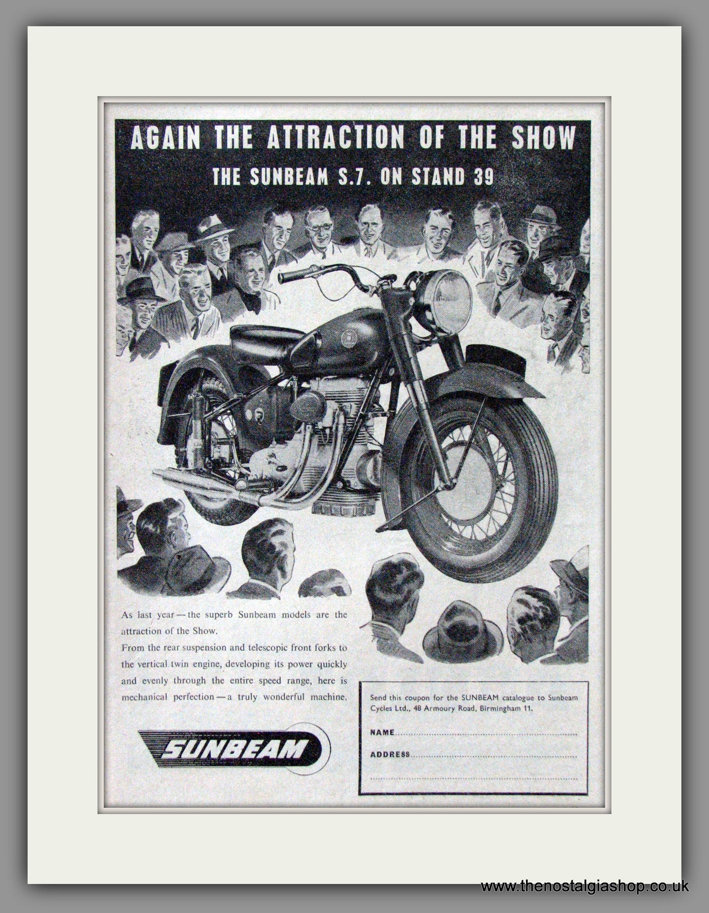 Sunbeam 500 O.H.C. Model S7 Motorcycle. 1949 Original Advert. (ref AD52210)