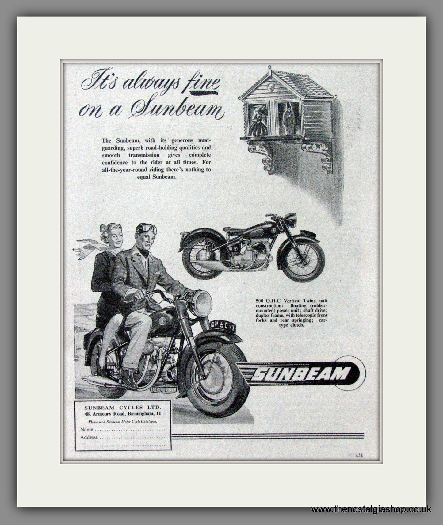 Sunbeam 500 O.H.C. Vertical Twin Motorcycle. 1952 Original Advert. (ref AD52212)
