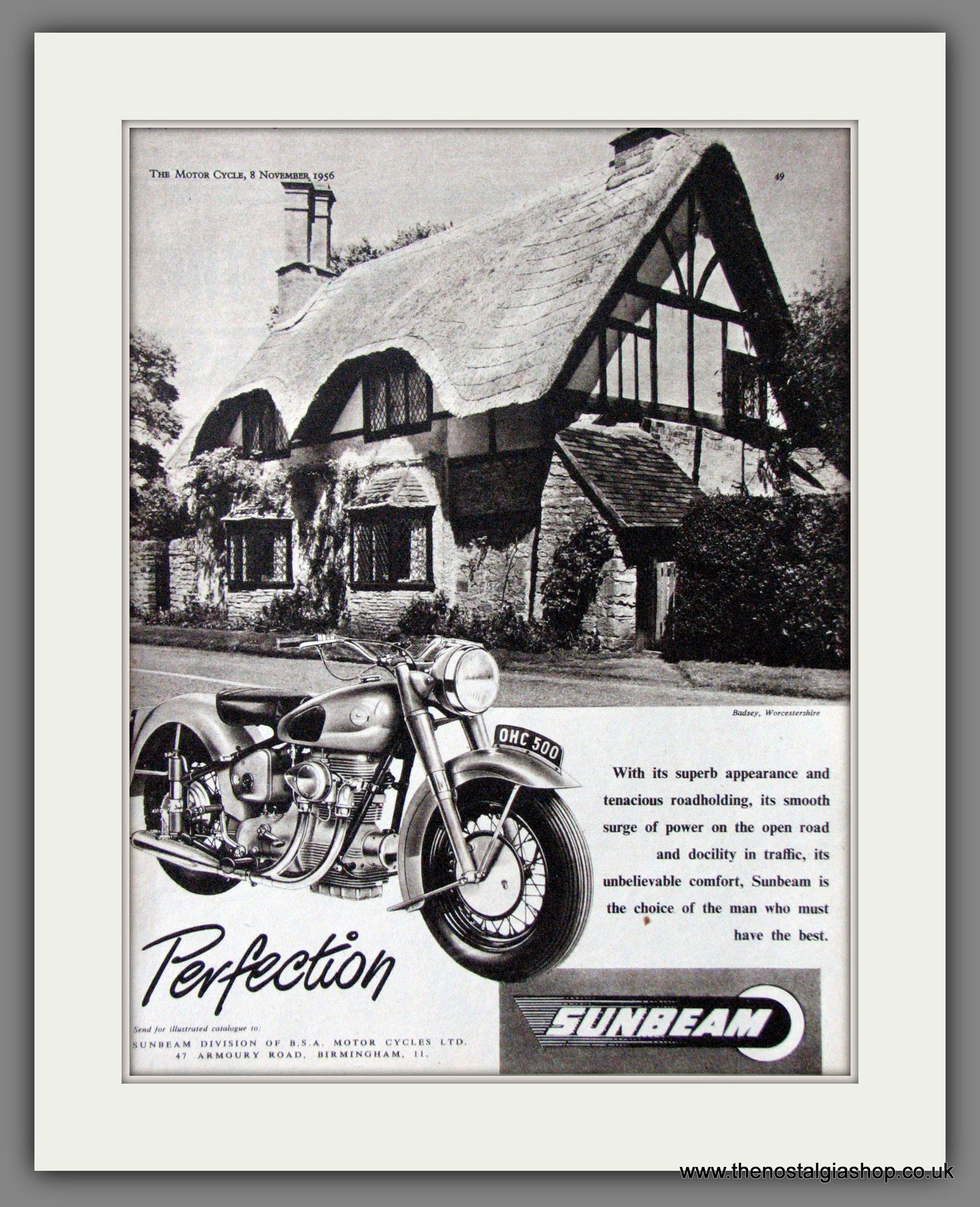 Sunbeam 500 O.H.C. Motorcycle. 1956 Original Advert. (ref AD52220)
