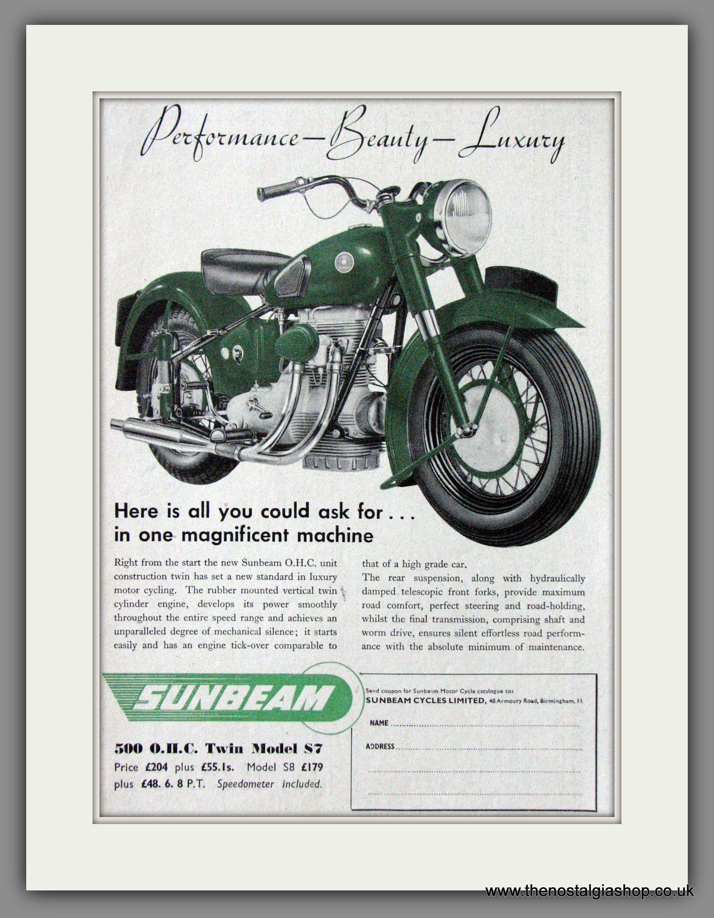 Sunbeam 500 O.H.C. S.7. Motorcycle. 1950 Original Advert. (ref AD52222)