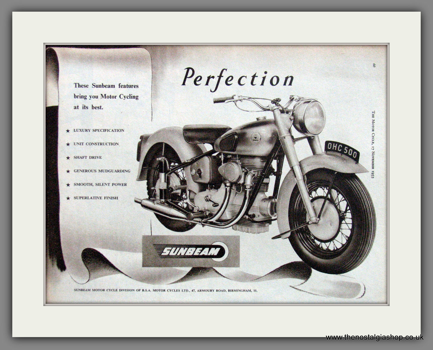 Sunbeam 500 O.H.C. Motorcycle. 1955 Original Advert. (ref AD52229)