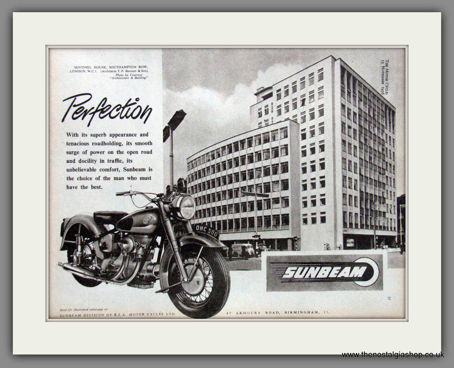 Sunbeam 500 O.H.C. Motorcycle. 1956 Original Advert. (ref AD52232)