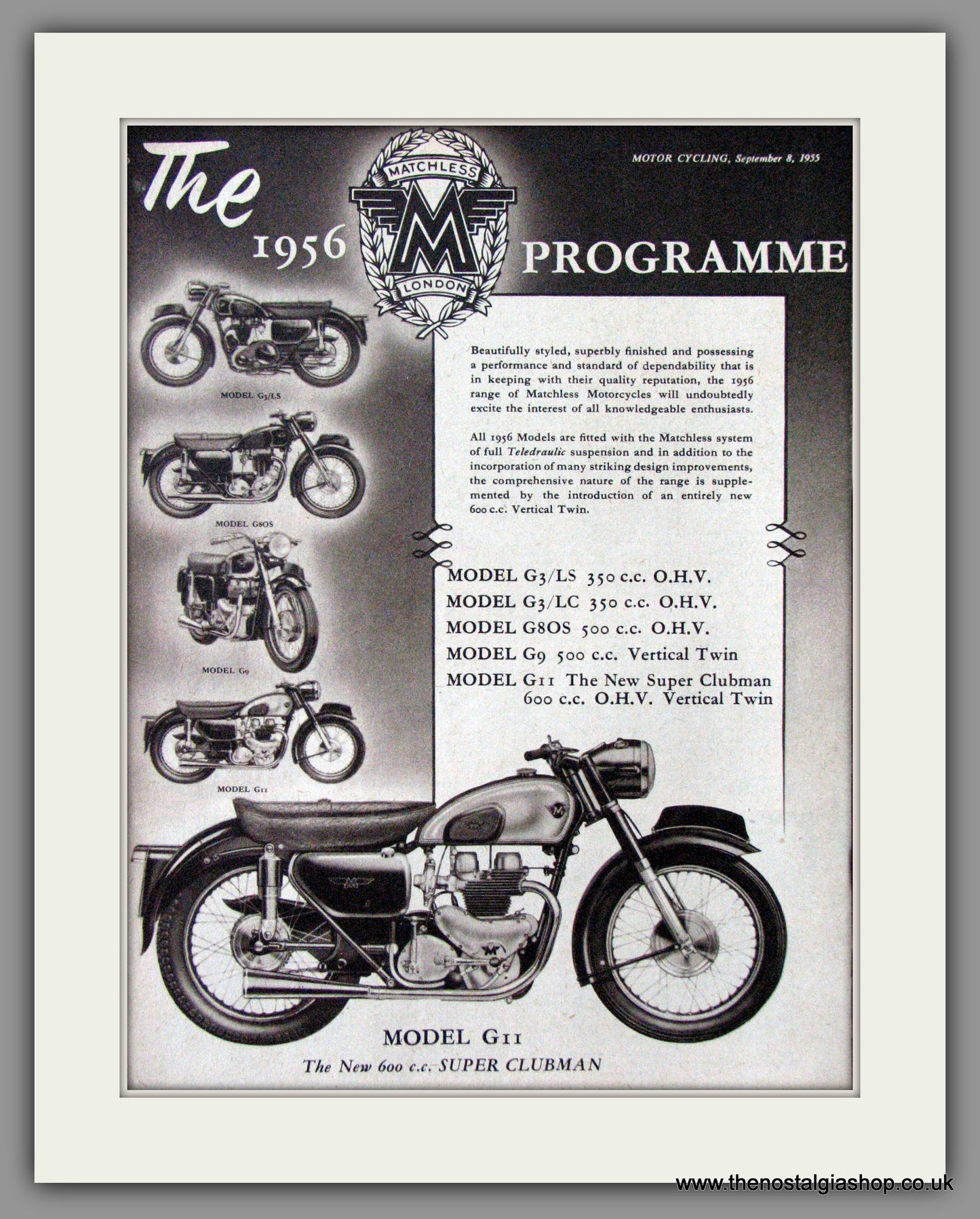 Matchless GII Super Clubman Motorcycle. 1956 Original Advert. (ref AD52329)