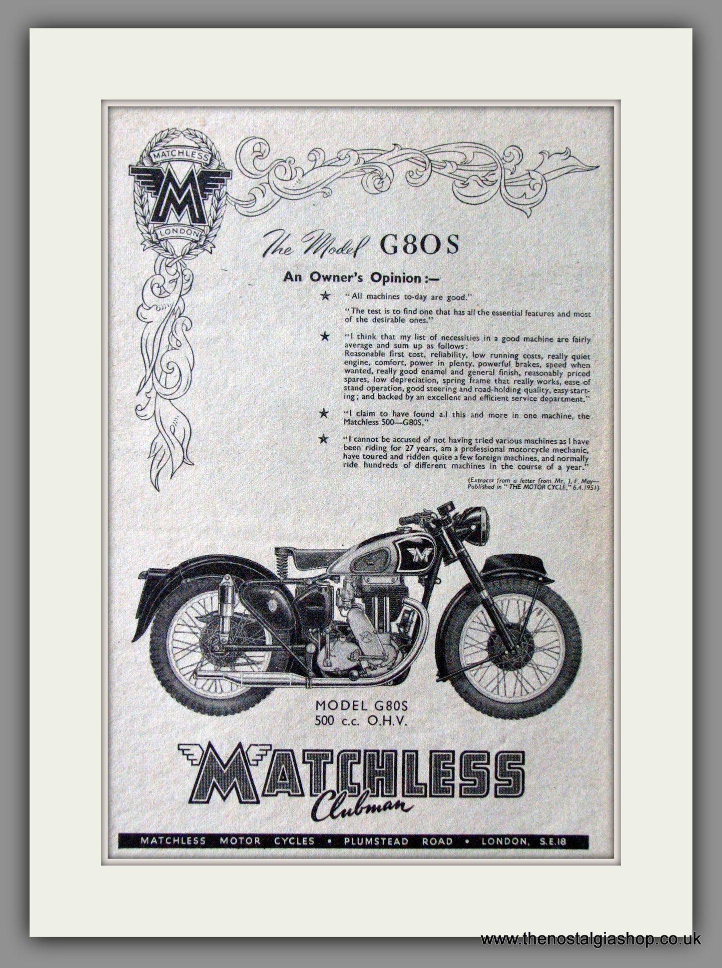 Matchless G80S 500cc Motorcycle. 1951 Original Advert. (ref AD52346)