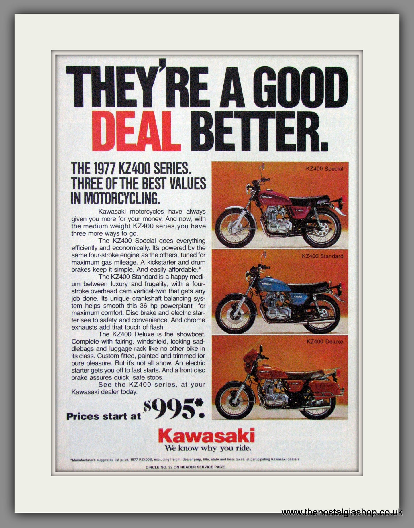 Kawasaki KZ400 Series. Motorcycle. 1977 Original Advert. (ref AD52460)