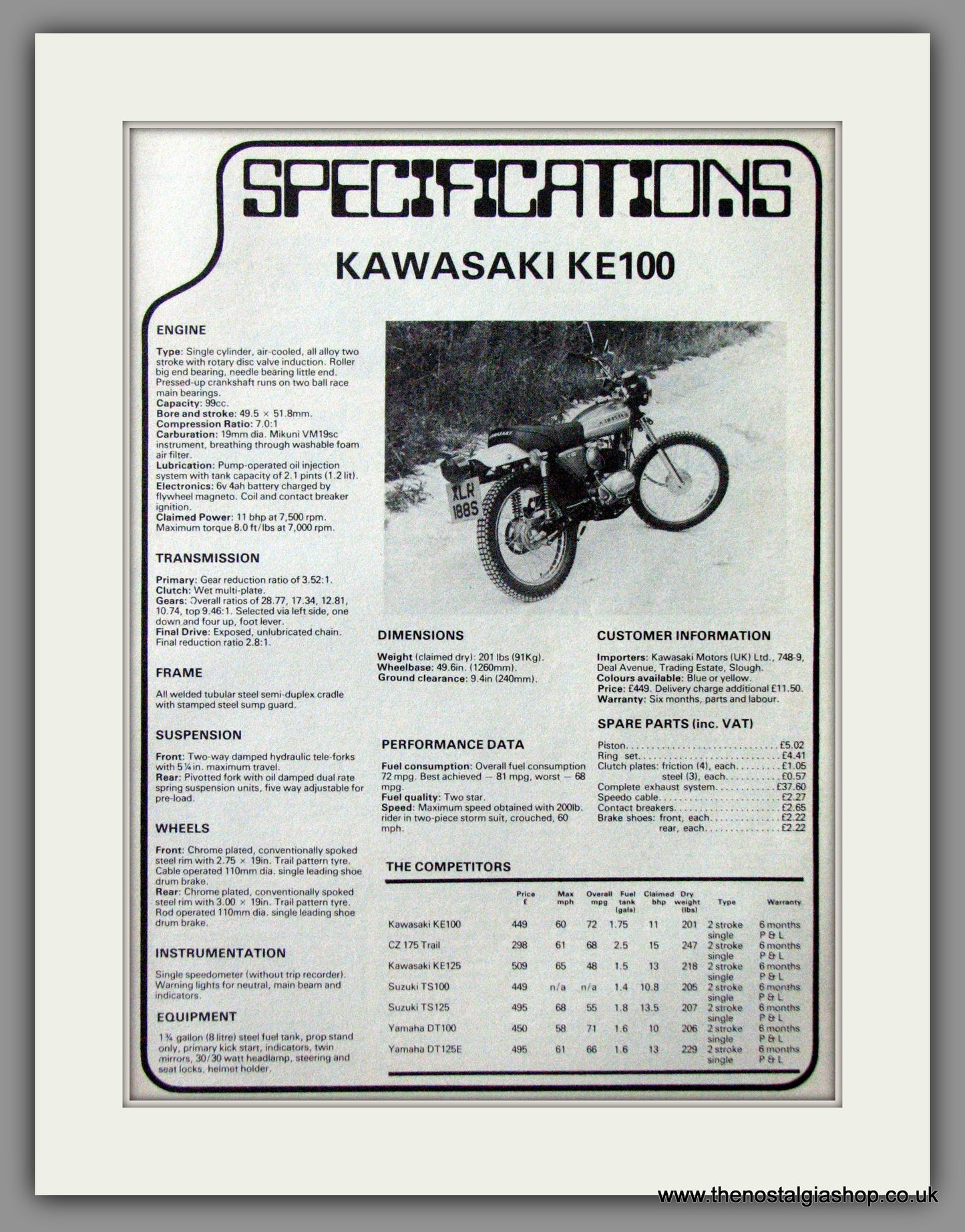 Kawasaki KE100 Motorcycle. 1978 Specification Sheet. (ref AD52582)