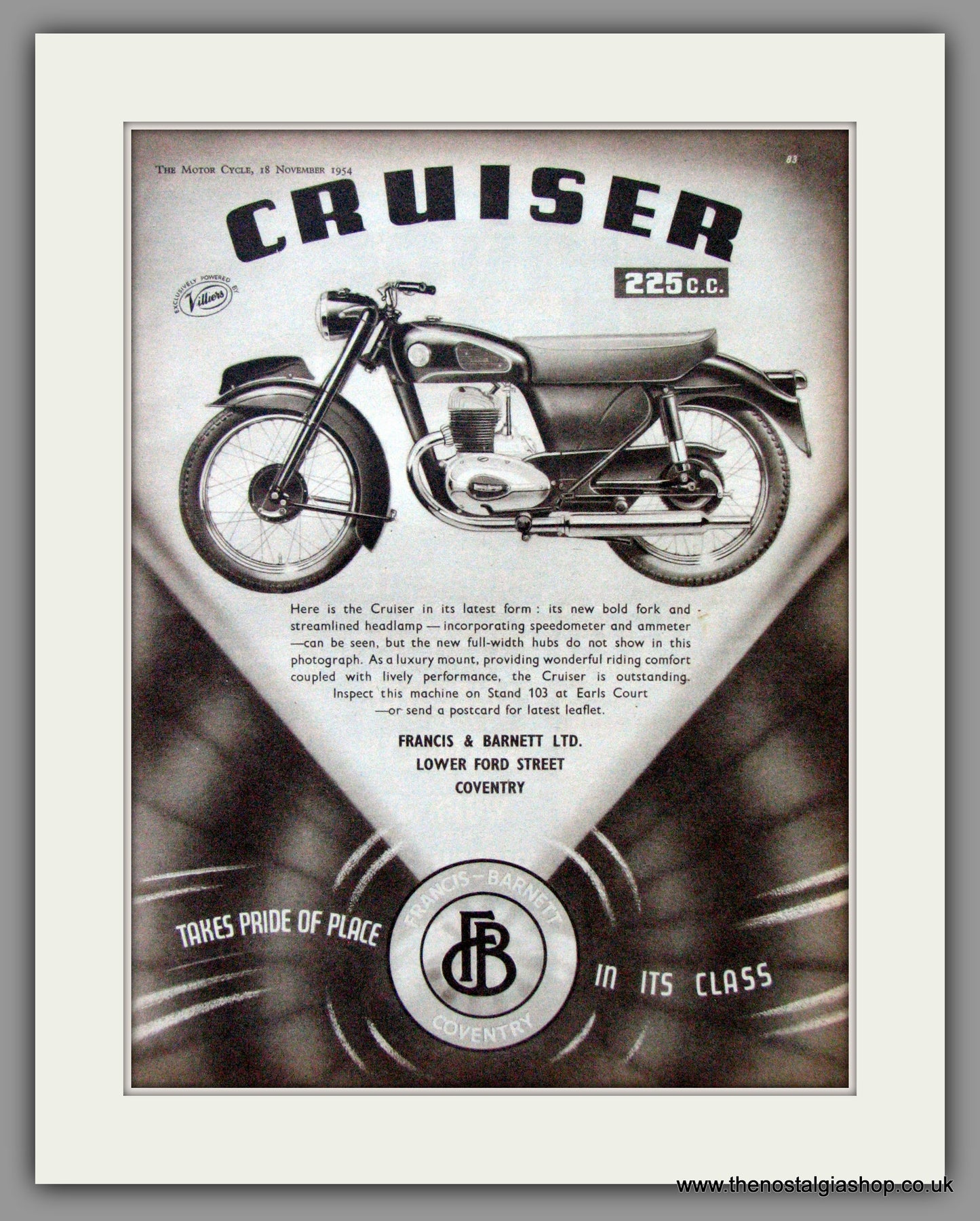 Francis-Barnett. Cruiser 225cc. Original Advert 1954 (ref AD52945)