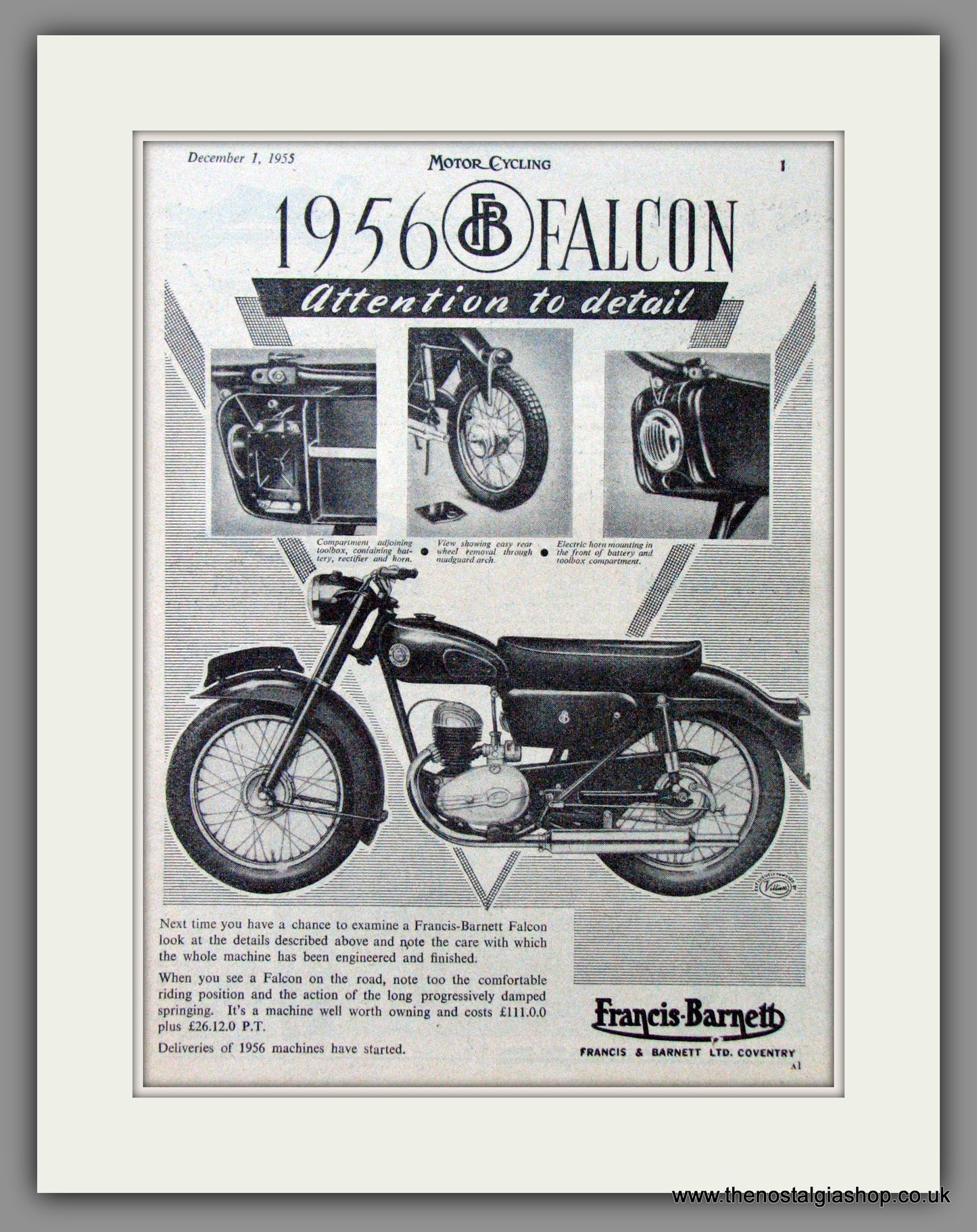 Francis-Barnett. Falcon 200cc. Original Advert 1956 (ref AD52949)