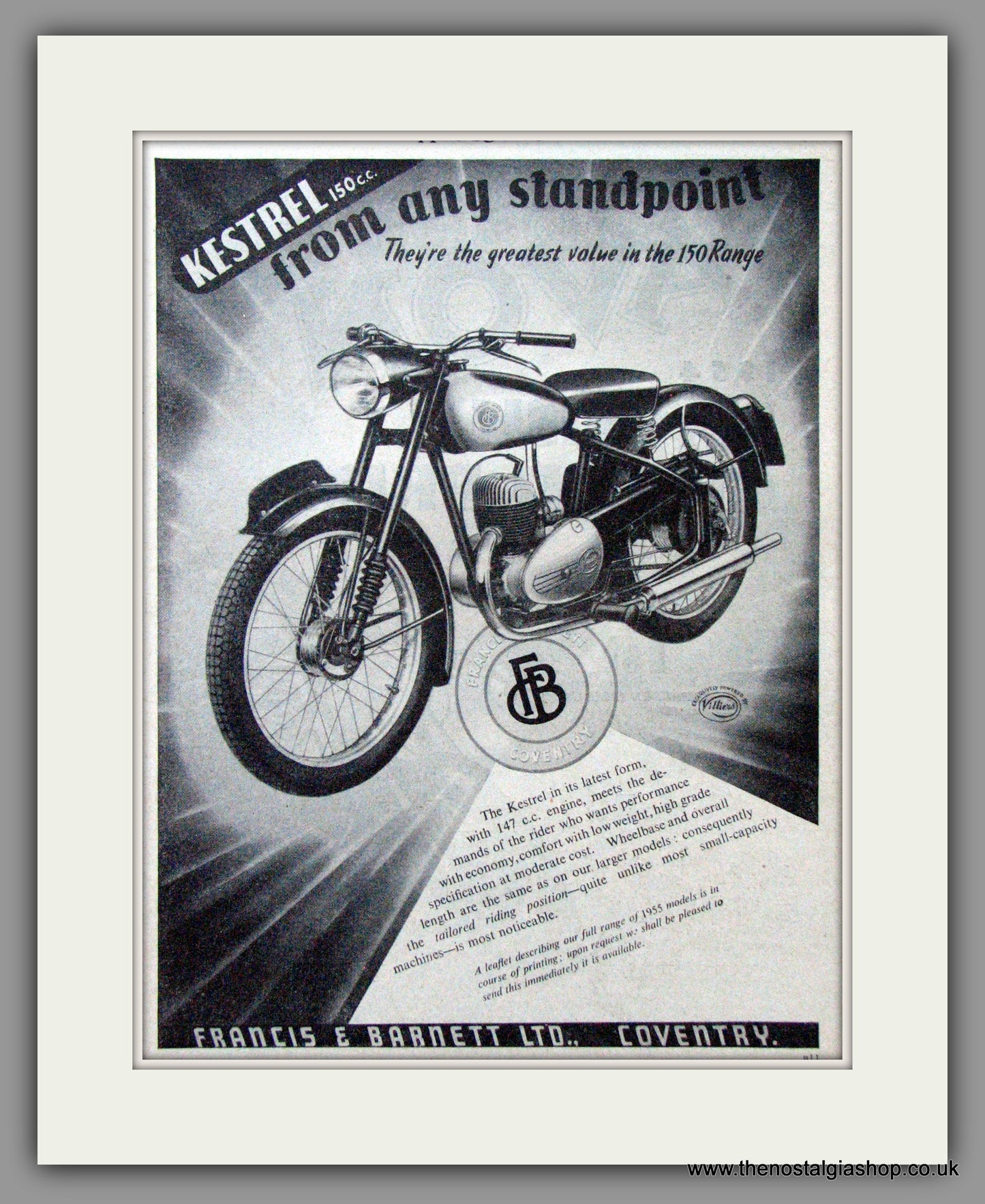 Francis-Barnett Kestrel 150cc. Original Advert 1954 (ref AD52952)