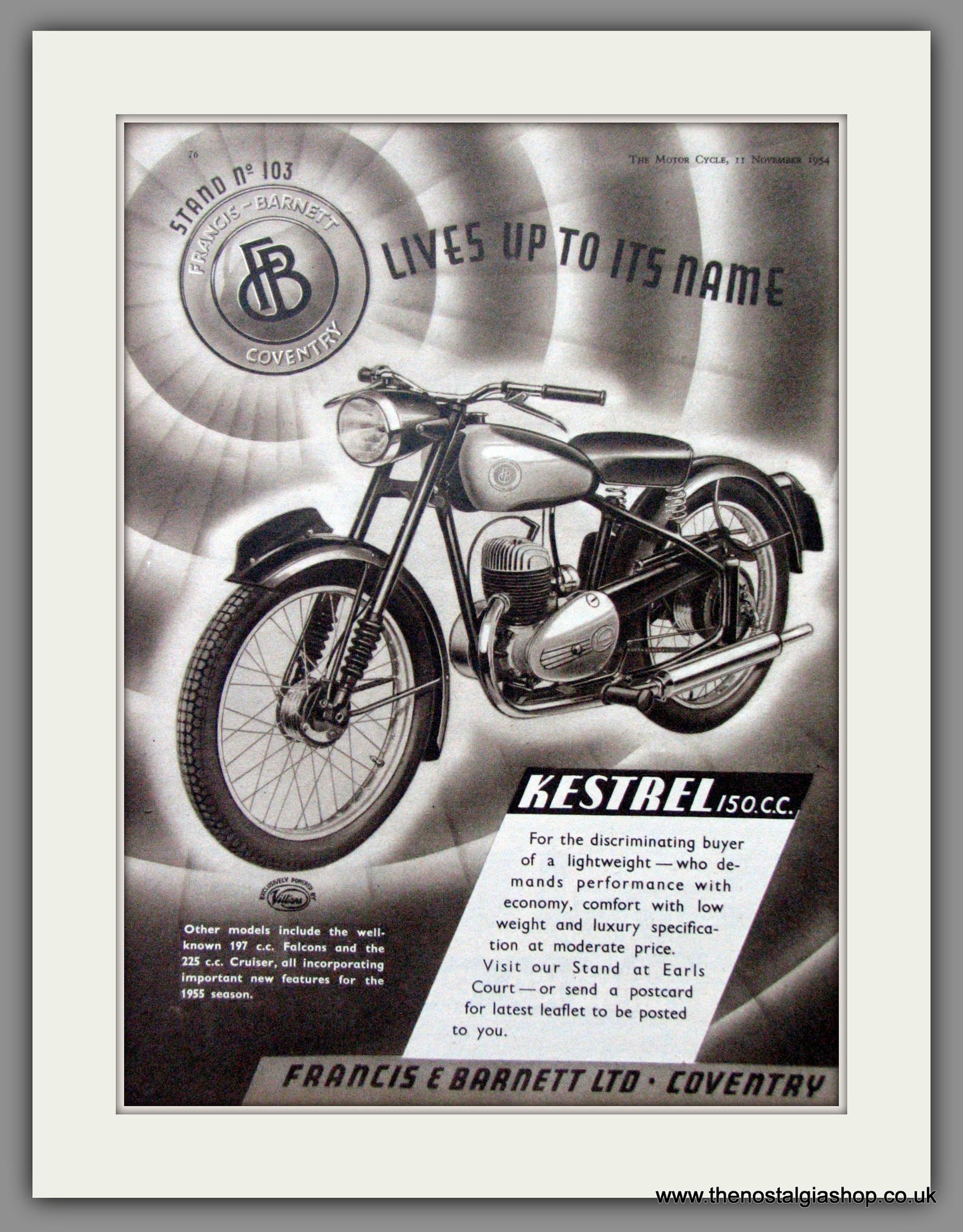 Francis-Barnett Kestrel 150cc. Original Advert 1954 (ref AD52954)