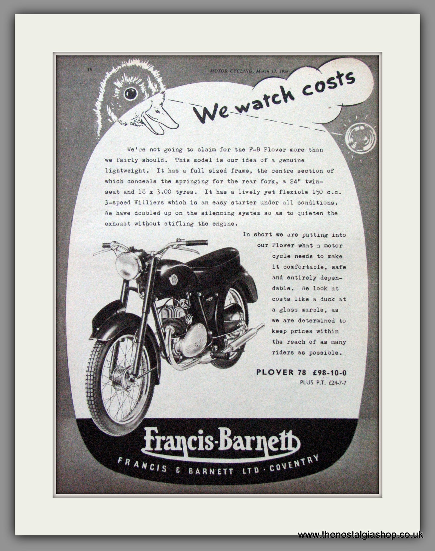 Francis-Barnett Plover 78. Original Advert 1958 (ref AD53021)