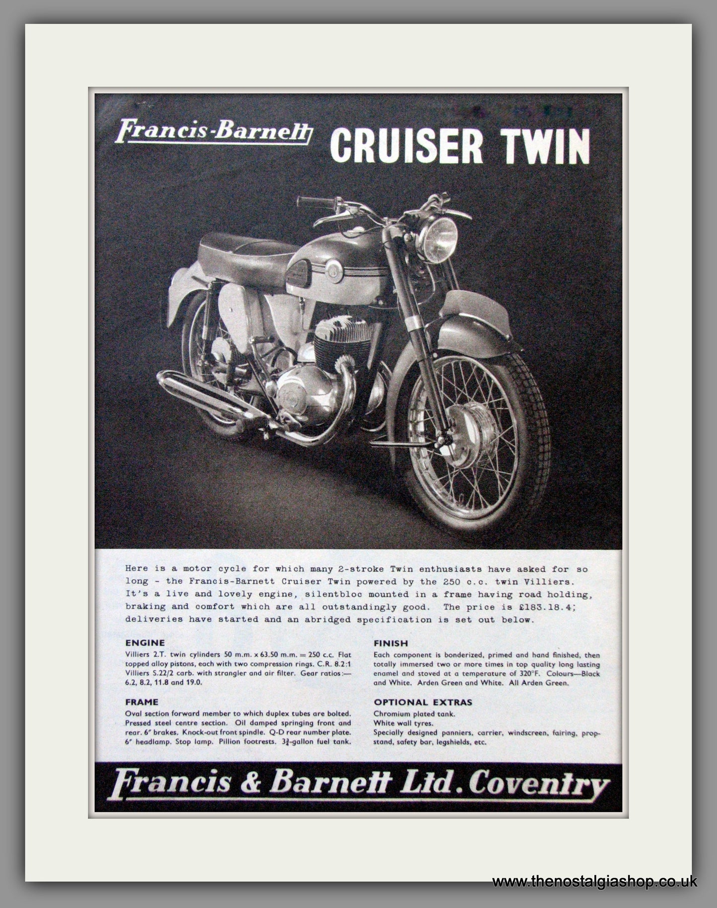 Francis-Barnett Cruiser Twin 250cc. Original Advert 1961 (ref AD53025)