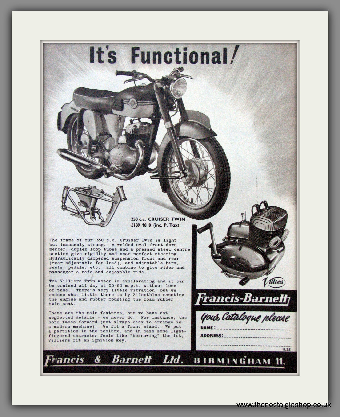 Francis-Barnett Cruiser Twin 250cc. Original Advert 1962 (ref AD53026)