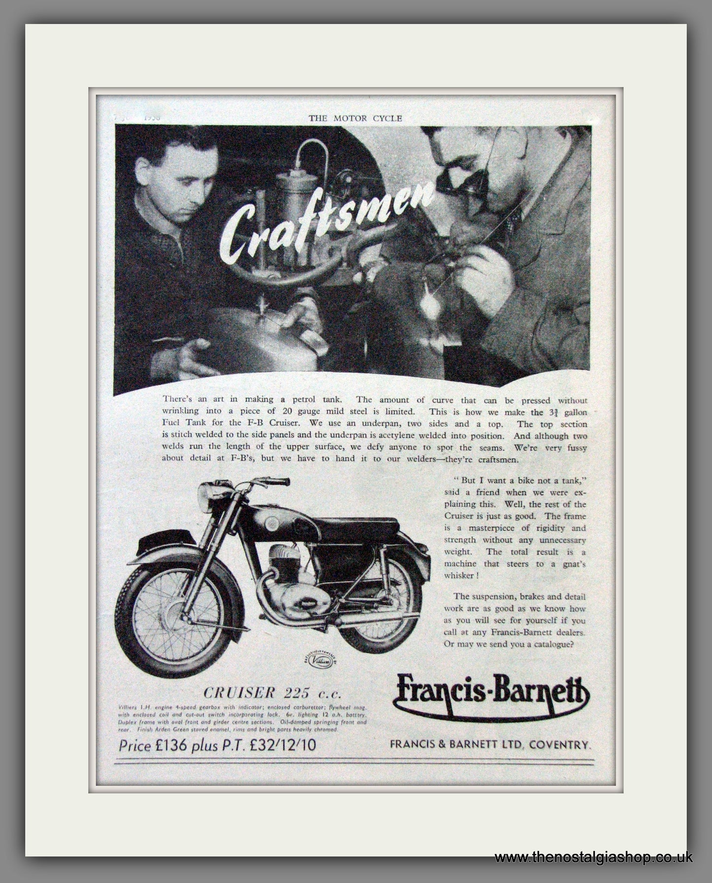 Francis-Barnett Cruiser 74 225cc. Original Advert 1956 (ref AD53035)