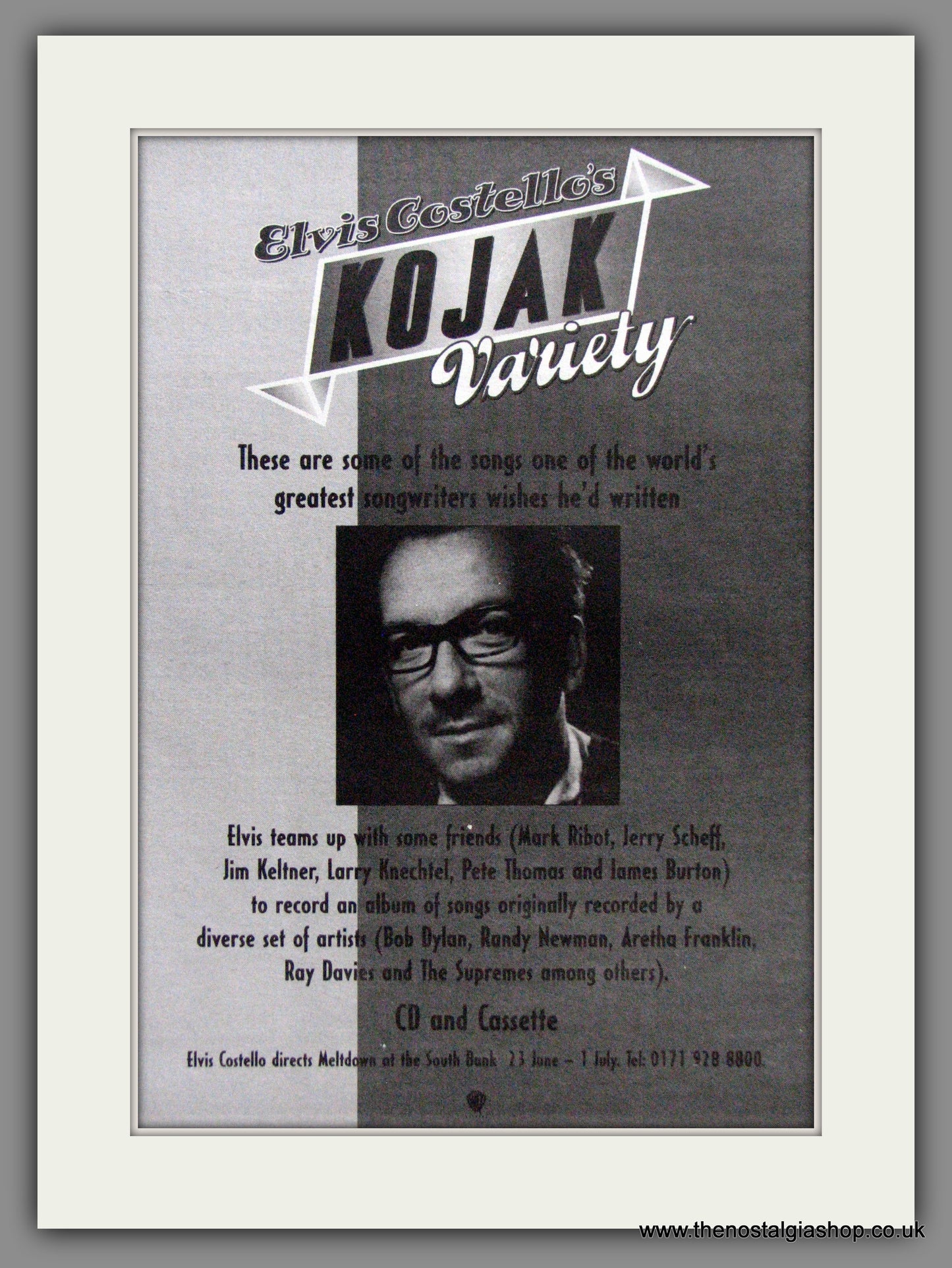 Elvis Costello. Kojak Variety. Original Advert 1995 (ref AD52903)