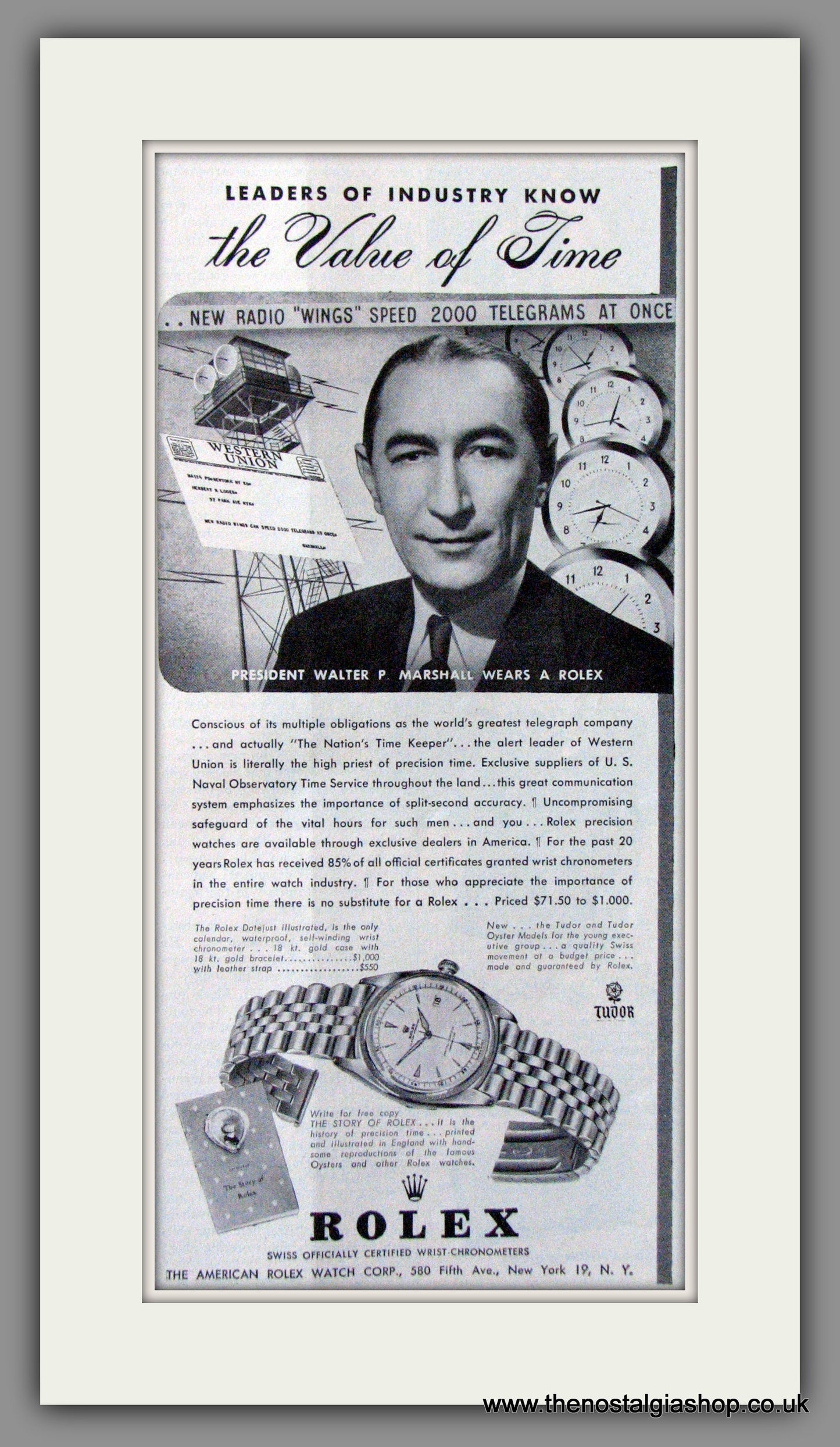 Rolex Watches. The Value of Time. Original American Advert 1949 (ref AD52985)