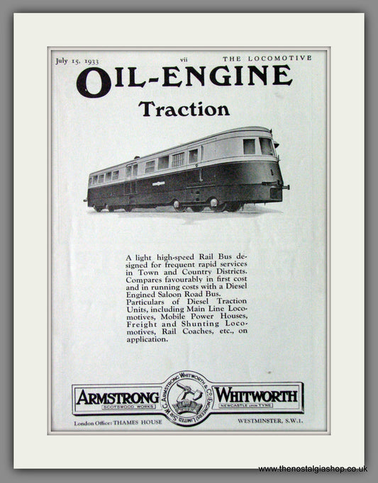 Armstrong Whitworth & Co. Oil Engine Traction. Rail Bus. Original Advert 1933 (ref AD53216)