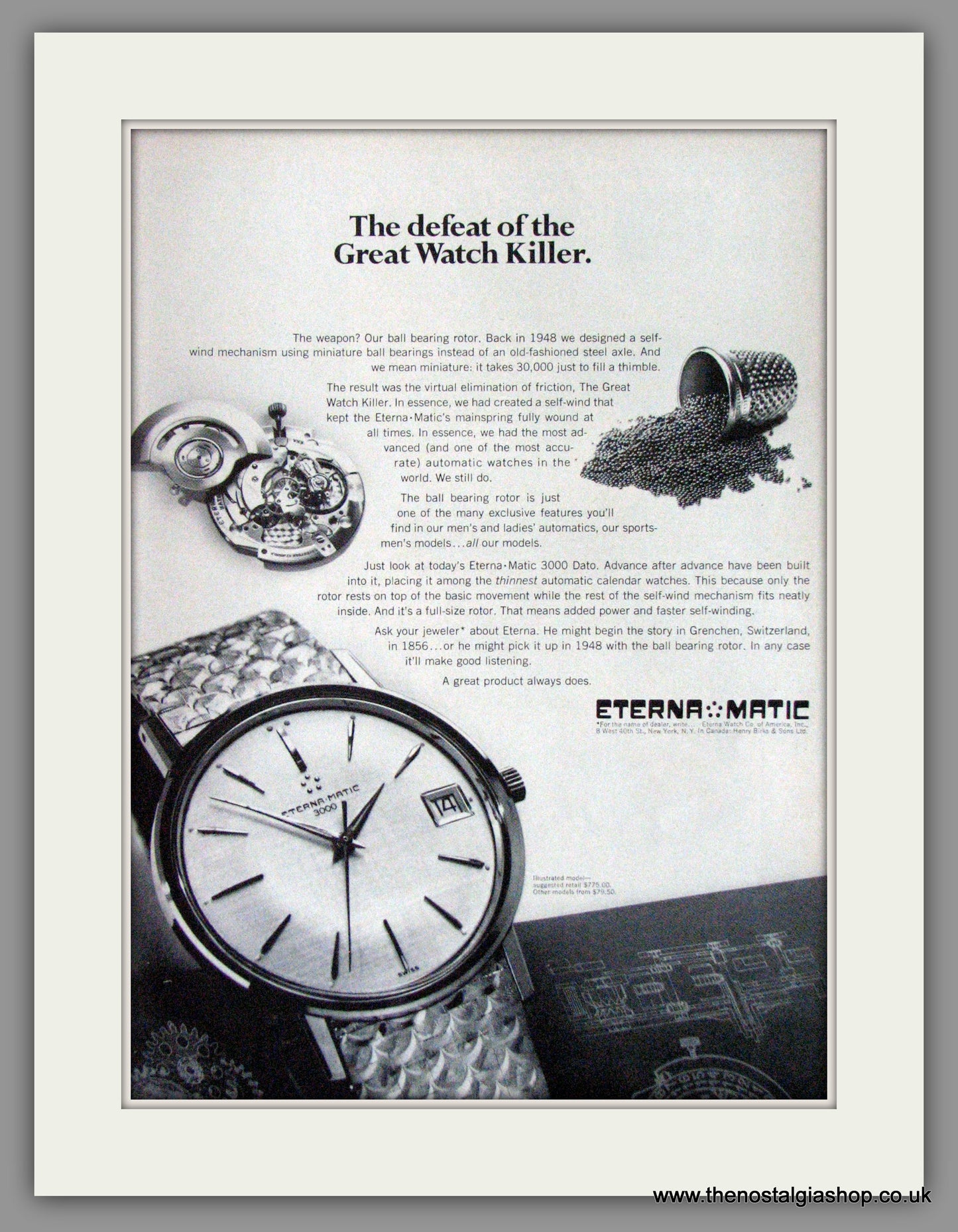Eterna-Matic 3000 Dato Watch. Original Advert 1967 (ref AD53380)