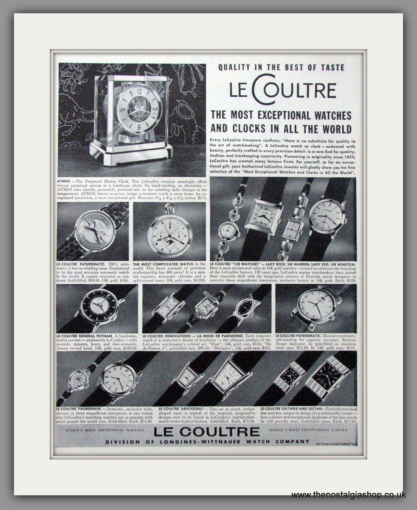 Le Coultre Watches. Longines. Original Advert 1953 (ref AD11475)
