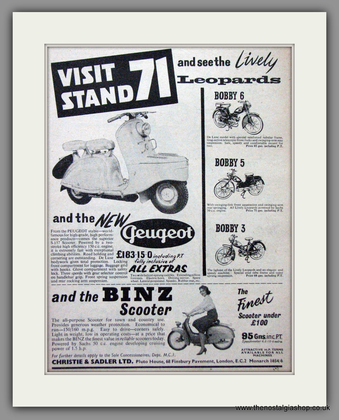 Peugeot & Binz Scooters. Original Advert 1956 (ref AD54238)