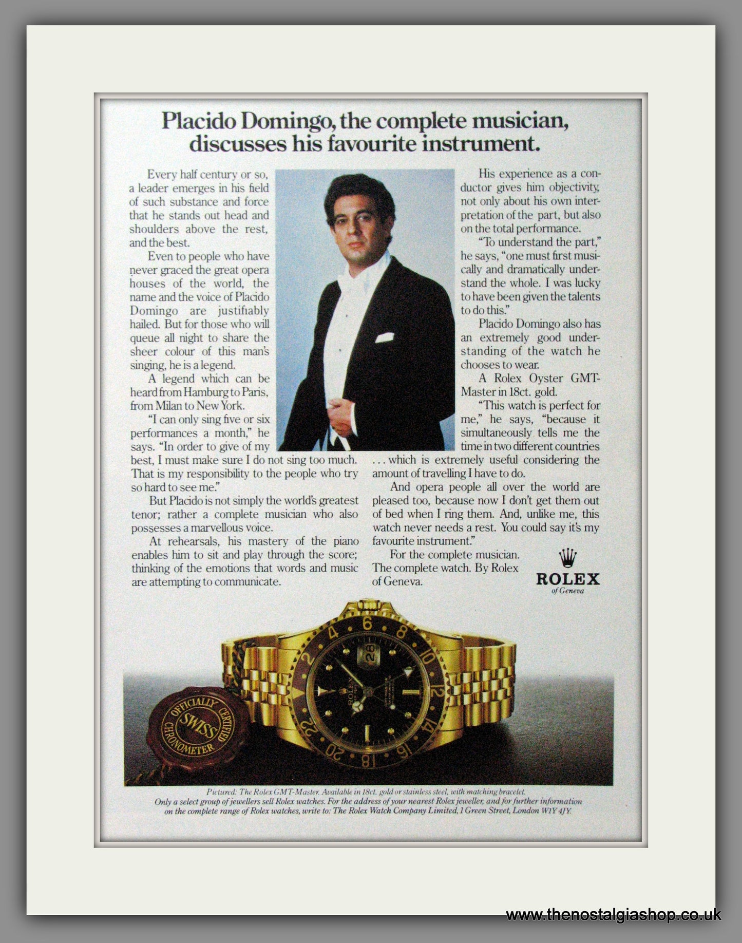 Rolex GMT Master. Placido Domingo. Original Advert 1983 (ref AD54390)
