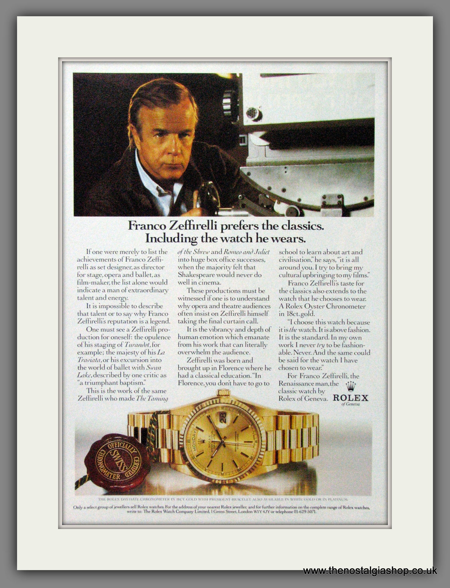 Rolex Day-Date Chronometer. Franco Zeffirelli. Original Advert 1986 (ref AD54394)