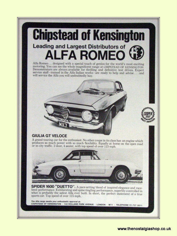 Alfa Romeo Giulia GT Veloce . Chipstead of Kensington. Dealership Original Advert 1967 (ref AD50010)