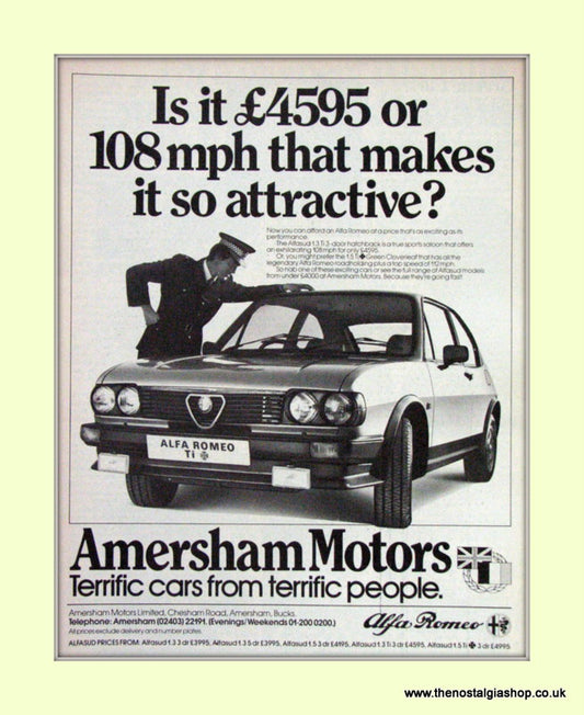 Alfa Romeo Alfasud 1.3 Ti. Amersham Motors. Set of 3 Dealership Original Adverts 1984 (ref AD50012)