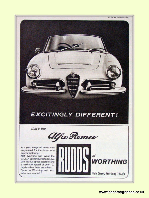 Alfa Romeo. Rudds of Worthing. Dealership Original Advert 1964 (ref AD50018)