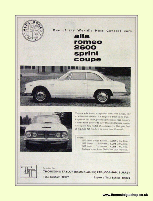 Alfa Romeo 2600 Sprint Coupe. Original Advert 1962 (ref AD50034)