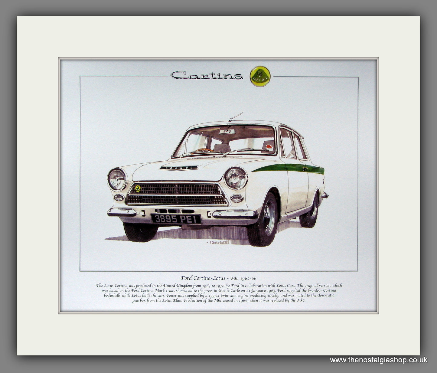 Ford Cortina MkI Lotus Cortina 1962-1966. Mounted Print.