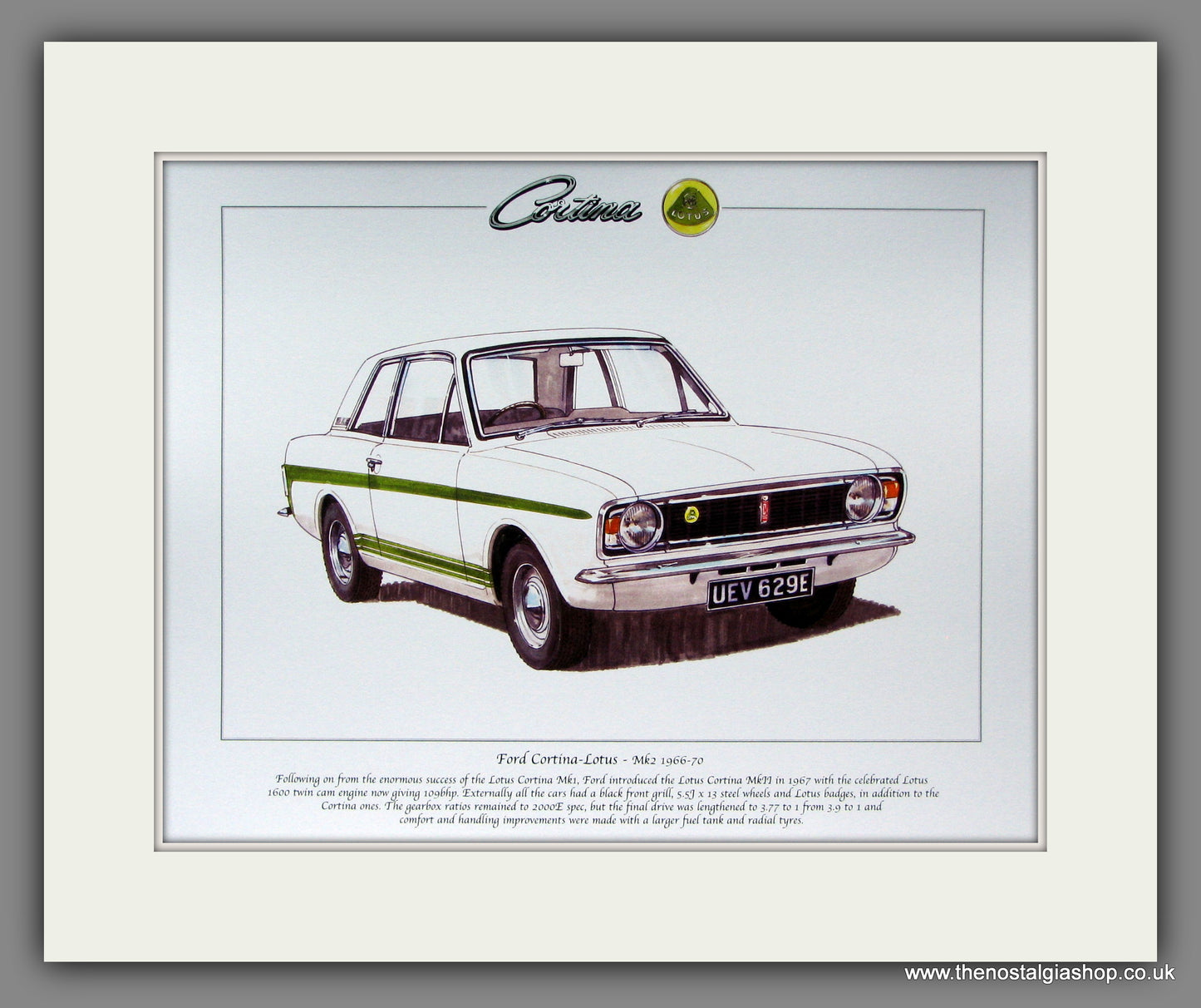 Ford Cortina MkII Lotus Cortina 1966-1970. Mounted Print.
