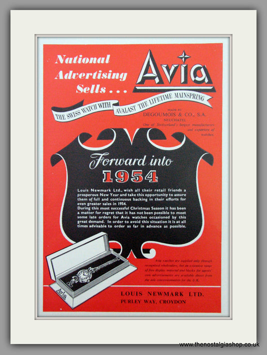 Avia Ladies Watches.  Original Advert 1954.  (ref AD7290)