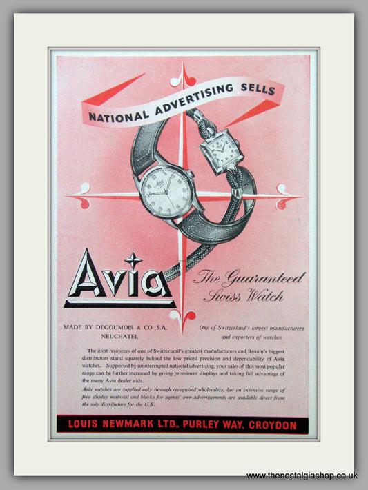 Avia Watches. National Advertising Sells Avia. Original Advert 1953.  (ref AD7294)