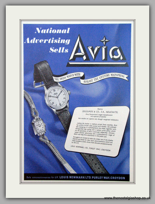 Avia Watches. National Advertising Sells Avia. Original Advert 1954.  (ref AD7295)