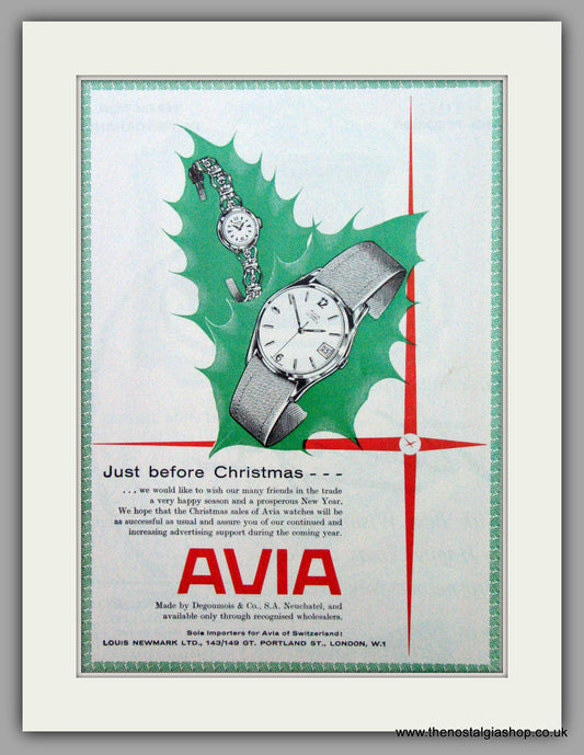 Avia Watches. Christmas Advertising. Original Advert 1961.  (ref AD7297)
